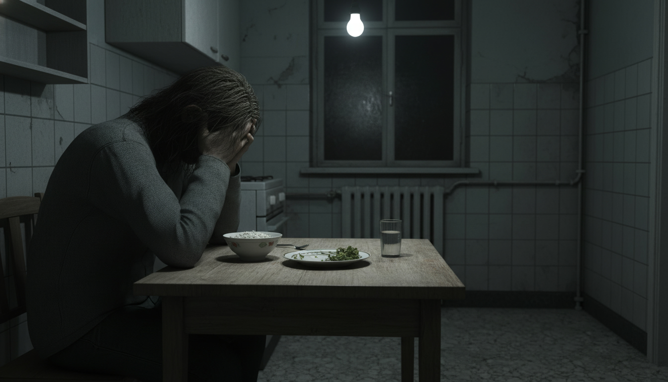 تصویری از فردی خسته که با سر پایین و دست‌های روی صورت کنار بشقاب غذای کم‌حجم خود در آشپزخانه‌ای تاریک و دلگیر نشسته است.