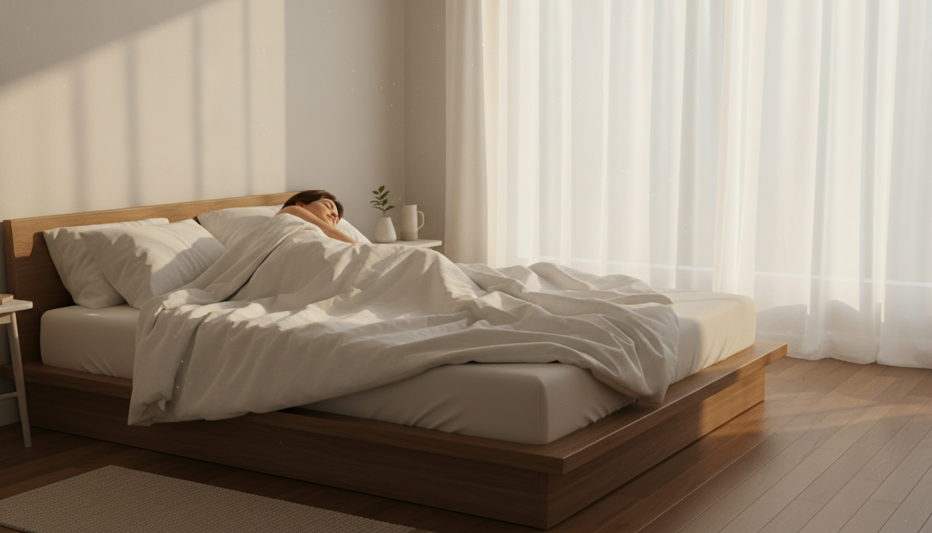 صحنه‌ای آرام از یک اتاق خواب در سپیده‌دم، نور گرم و ملایم از پشت پرده‌های نازک عبور کرده و بر روی فردی که آرام زیر ملحفه‌های سفید خوابیده، می‌تابد.