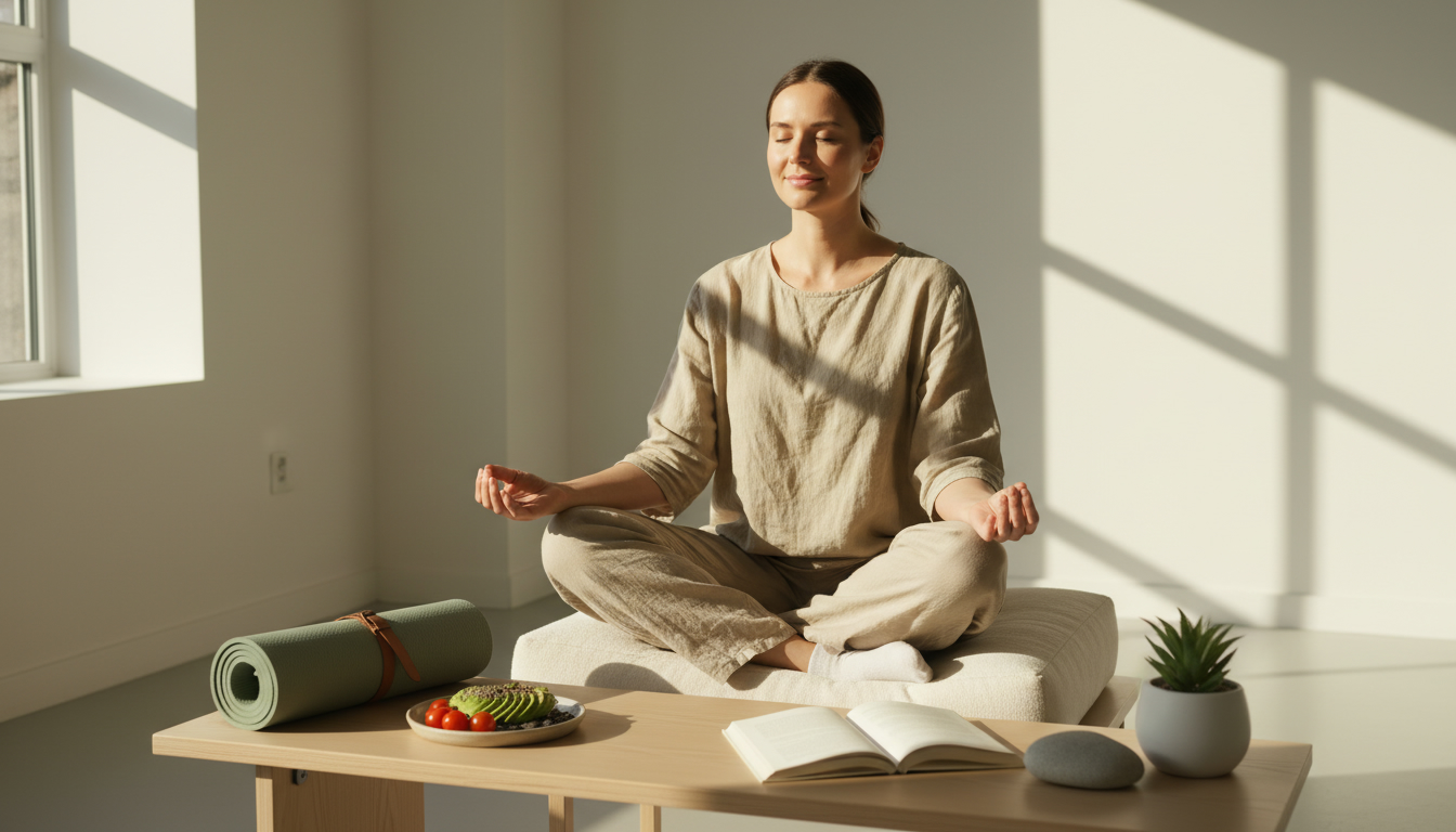 فردی در حال مراقبه در فضایی آرام، با نمادهای غذای سالم، ورزش و کتاب در اطرافش، که نشان‌دهنده رویکرد جامع به سلامتی است.