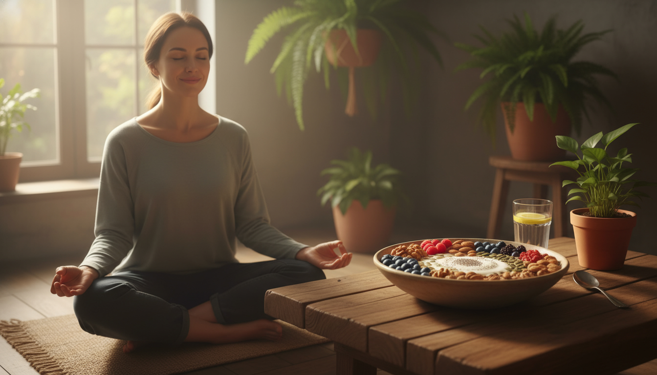 فردی در حال مدیتیشن در نور صبحگاهی، با کاسه‌ای از مواد غذایی سالم و طبیعی در کنارش.