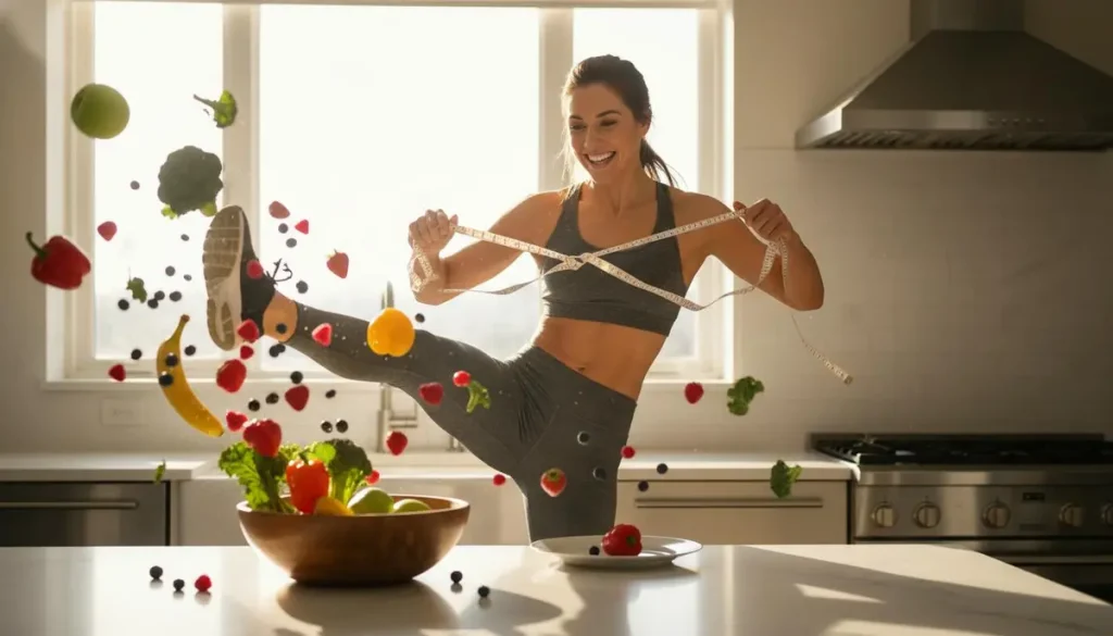 تصویری از فردی که با شکستن متر خیاطی، از محدودیت‌های رژیمی رها می‌شود و میوه‌های تازه اطرافش پخش شده‌اند.