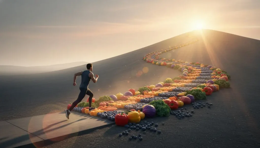 تصویری از فردی که با شکستن متر خیاطی، از محدودیت‌های رژیمی رها می‌شود و میوه‌های تازه اطرافش پخش شده‌اند.